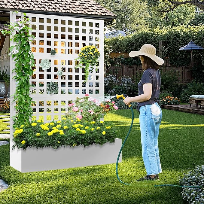 Metal Raised Garden Bed with Trellis, 2 in 1 Trellis with Planter Box & Privacy Screen for Climbing Plants, Vine, Outdoor Standing Flower Beds with Drainage Holes, 47.2" L x 16.7" W x 70.8" H, White
