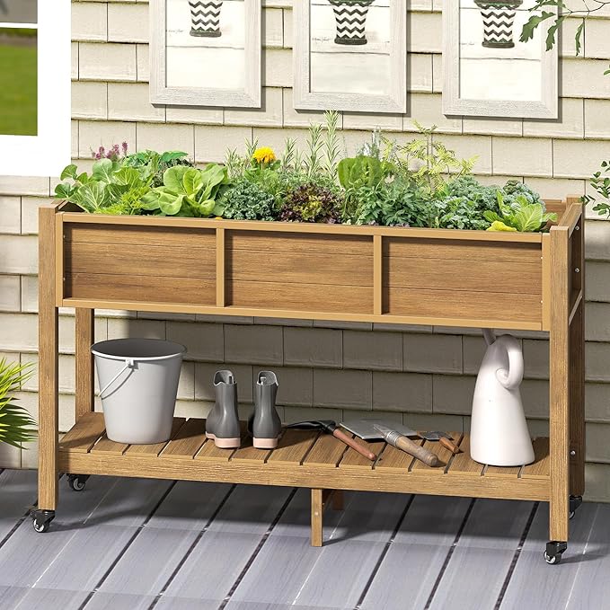 YITAHOME Raised Garden Bed, 47x18x31 Inch HIPS Poly-Wood Weather-Resistant Elevated Planter Box with Legs for Vegetable Flower, Brown