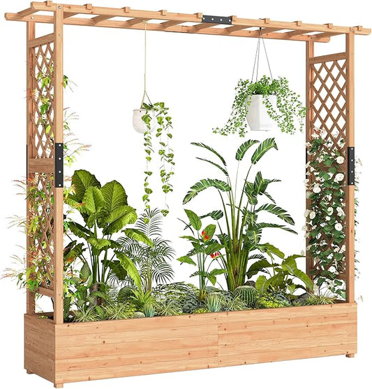 Outsunny Raised Garden Bed with Trellis, Wooden Planter Box with Hanging Roof and Drainage Holes, Outdoor Trellis Planter for Climbing Plants, Vegetables, Herbs and Flowers, 77.2" x 17.3" x 71.3"