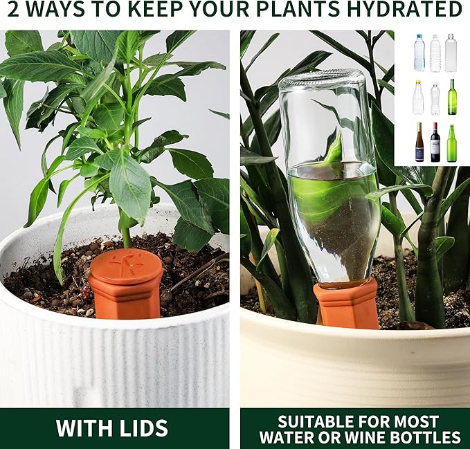 Large Terracotta Watering Spikes with Lids, Automatic Plant Waterer Outdoor | Indoor, Vacation Friendly Clay Plant Watering Devices System, Slow Release Self Watering Planter Insert, 8 Pack