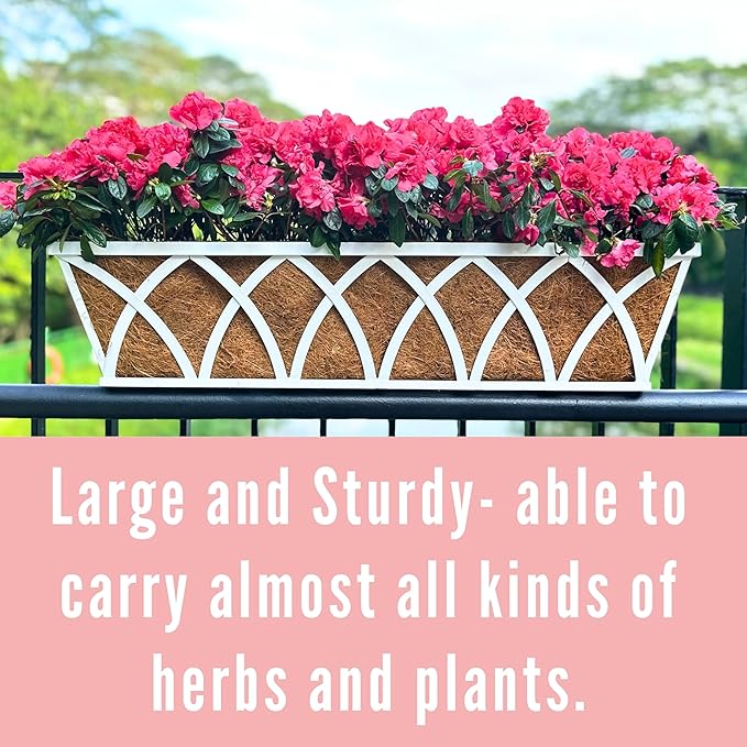 LaLaGreen Wall Planter (30 Inch, 2 Pack)White Metal Rectangular Hanging Flower Box Window Boxes Planters with Coco Liner, Flower Basket Plant Holder Deck Rail Railing Patio Horse Trough Balcony Fence