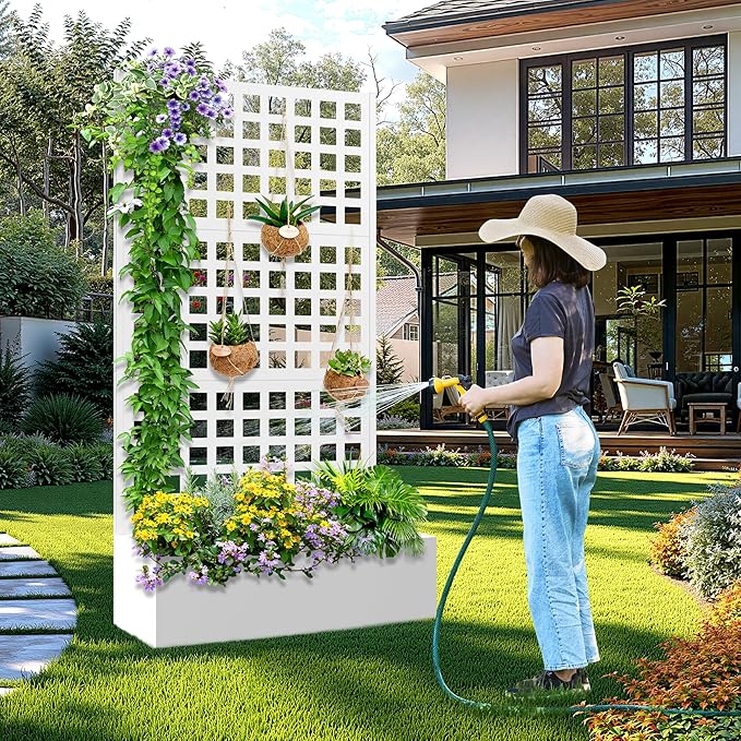 Metal Raised Garden Bed with Trellis, 2 in 1 Trellis with Planter Box & Privacy Screen for Climbing Plants, Vine, Outdoor Standing Flower Beds with Drainage Holes, 35.4" L x 16.7" W x 70.8" H, White