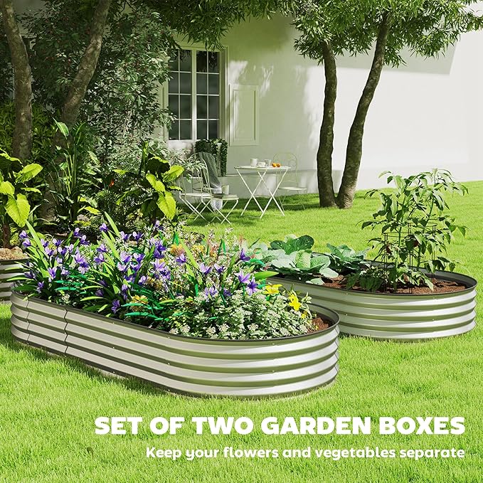 Outsunny 2PCS Galvanized Raised Garden Bed, 7' x 3' x 1' Raised Beds for Gardening with Plant Support Stakes, Rubber Strap Edging and Gloves, Metal Planter Box for Vegetables, Flowers, Silver