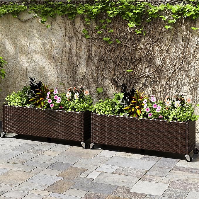 Giantex Set of 2 Wicker Raised Garden Bed with Wheels, 38”x12”x14”, Rectangular Garden Planter Box w/PE Rattan, Liner Fabric, Wicker Patio Elevated Raised Bed for Vegetable Flower Herb Porch Balcony
