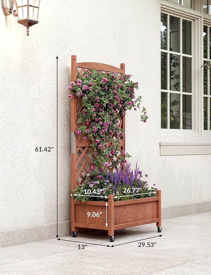 29.5"x13"x61.5" Large Wooden Raised Garden Bed with Trellis & Adjustable Wheels - Planter Box with Drainage Holes for Herbs, Flowers - Portable Indoor/Outdoor Use, 1 PC
