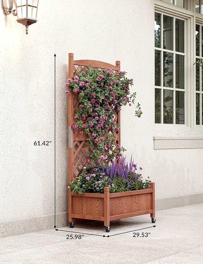 GarveeLife Raised Garden Bed on Wheels with Trellis, 29.5" Large Outdoor Wood Planter Box for Climbing Plants, Flowers, Patio Vertical Horticulture Planter with Drainage Holes, 1PC