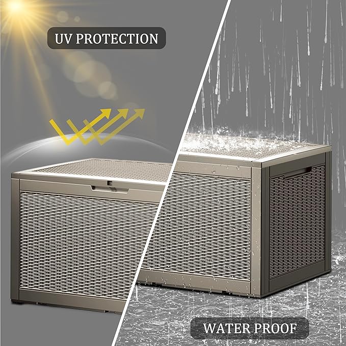 100 Gallon Lockable Resin Outdoor Storage Box, Waterproof & Weather Resistant Deck Box for Patio Cushion, Garden Tools & Pool Accessories, Grey
