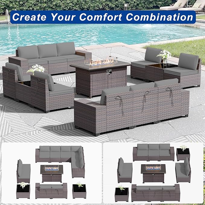 Outdoor Patio Furniture Set with Fire Pit Table, 13 Pieces Outdoor Furniture Set Patio Sectional Sofa w/43in Propane Fire Pit, PE Wicker Rattan Patio Conversation Sets - Grey