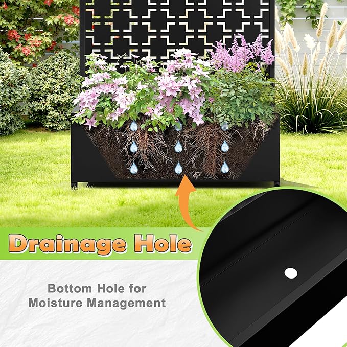 Metal Raised Garden Bed with Trellis, 2-in-1 Planter Box & Privacy Screen for Climbing Plants, Outdoor Standing Flower Bed with Drainage Holes, 35.4" L x 15.7" W x 70.1" H, Black-Square