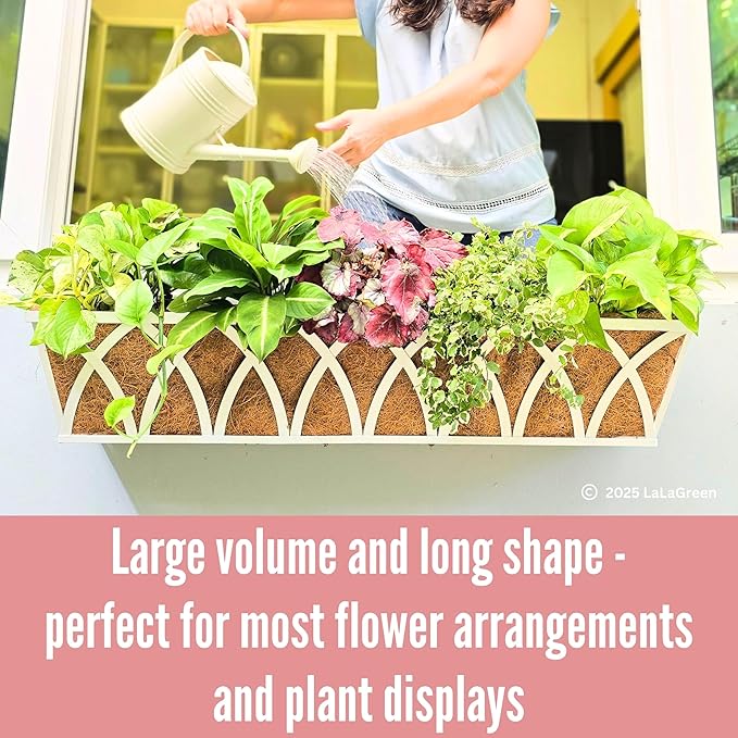 LaLaGreen Wall Planter Outdoor (36 Inch, 2 Pack) White Metal Rectangular Hanging Flower Boxes with Coco Liner Window Basket Plant Holder Deck Rail Railing Patio Horse Trough Balcony Fence Porch Garden