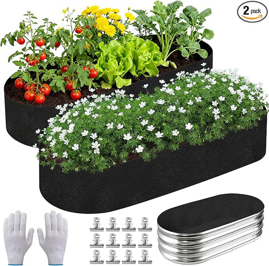 2 Sets 4 x 2 x 1 ft Raised Garden Bed Liner Bag, Breathable Grow Bed Fabric Liners with Clips and Gloves, Garden Box Non Woven Bag for Outdoor Plants Growth Keep Soil Isolation (Oval)