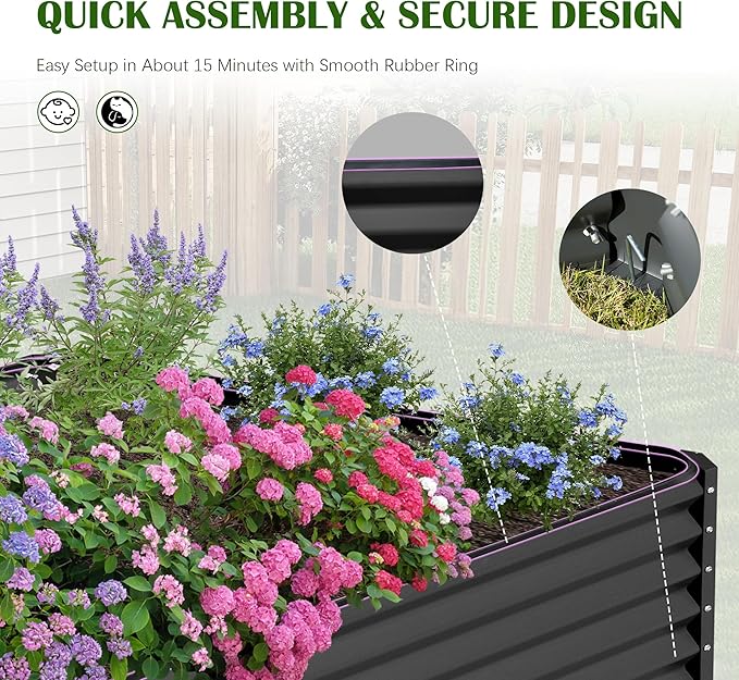 Domi 8x4x2ft Metal Raised Garden Beds Outdoor, Thickened Galvanized Steel Deep Root Planter Box with Stabilizing Bars & Rubber Edging for Vegetables, Flowers, Herbs - Dark Gray