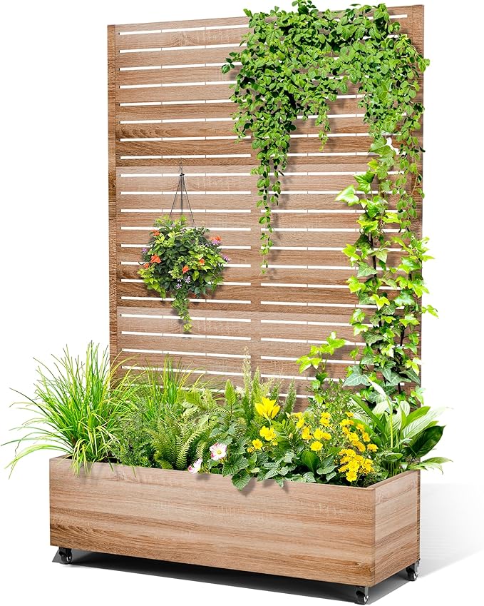 Metal Raised Garden Bed with Trellis, 2-in-1 Planter Box & Privacy Screen for Climbing Plants, Outdoor Standing Flower Bed with Drainage Holes, 47.2" L x 16.7" W x 70.8" H, Cut Oak Grain