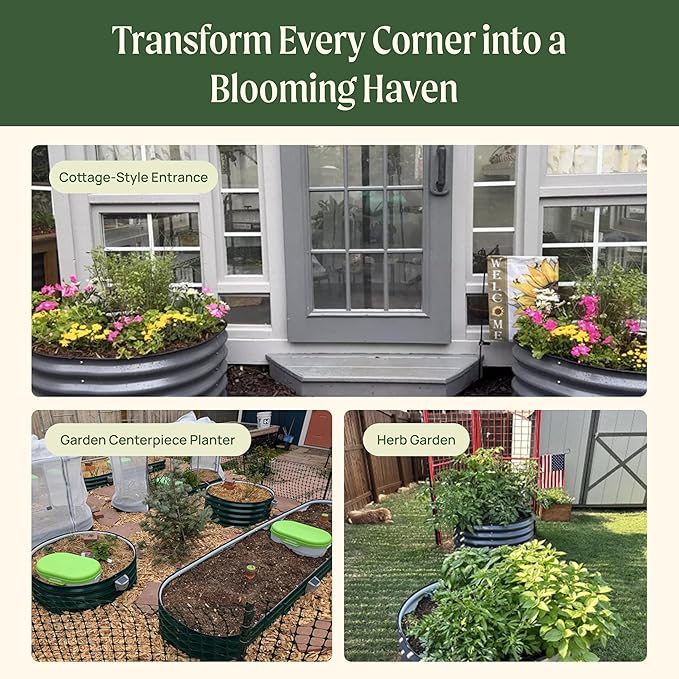 17" Tall Herb Raised Garden Bed for Basil Lavender Sages, 24" Wide Round Fruit Tomato Planter Box for Gardening Blueberries Figs, Flower Metal Pot Container for Rose, Twin Pack, Modern Gray
