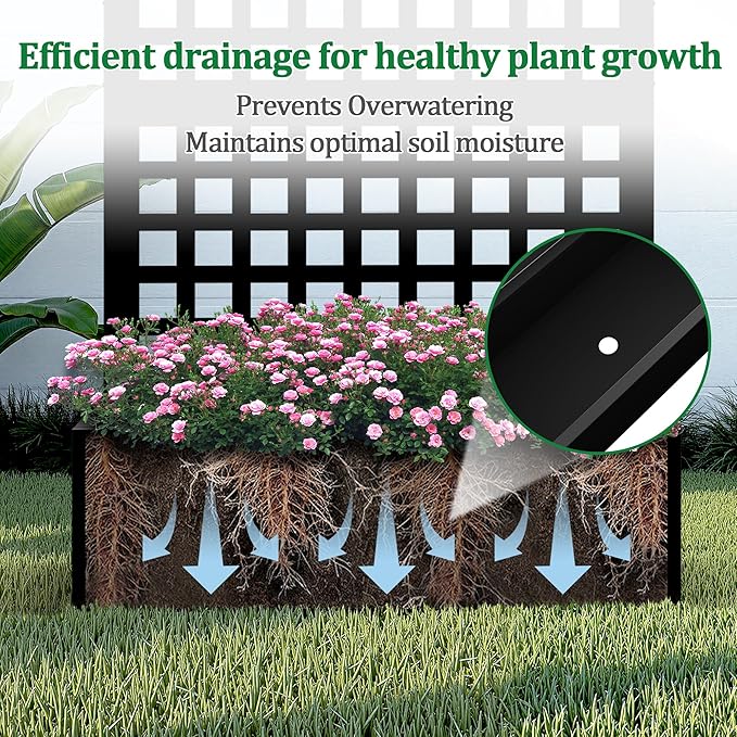 Metal Raised Garden Bed with Trellis, 2 in 1 Trellis with Planter Box & Privacy Screen for Climbing Plants, Vine, Outdoor Standing Flower Beds with Drainage Holes, 35.4" L x 16.7" W x 70.8" H, Black