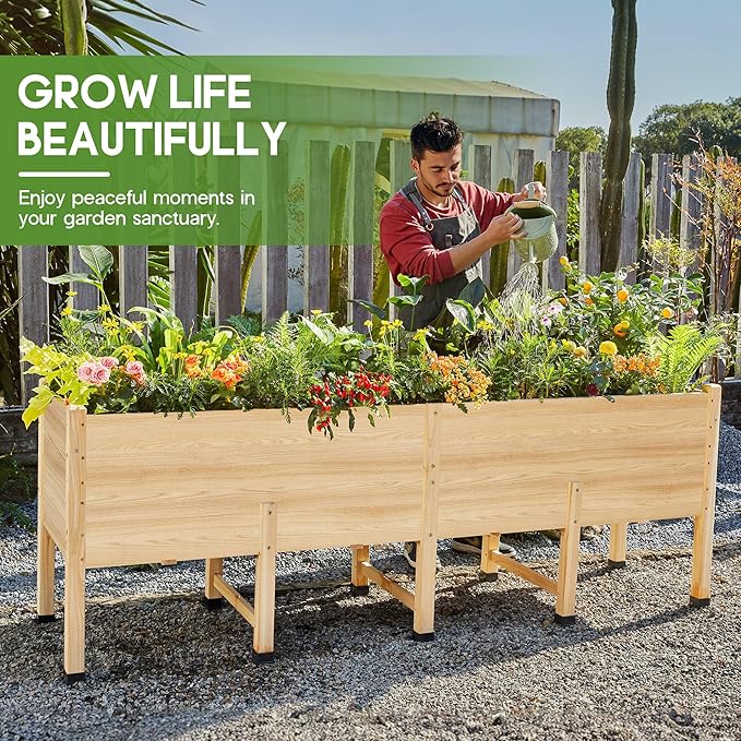 AMERLIFE 8x2 Ft Raised Garden Bed, 16 Inch Depth Featuring Legs, Drainage Holes, Ideal for Vegetables, Flowers, Herbs, Elevated Wood Planter Box for Balcony, Patio, Backyard, Easy Assembly