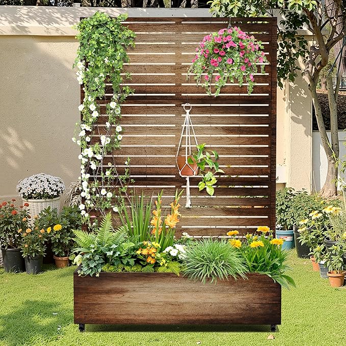 Metal Raised Garden Bed with Trellis, 2-in-1 Planter Box & Privacy Screen for Climbing Plants, Outdoor Standing Flower Bed with Drainage Holes, 47.2" L x 16.7" W x 70.8" H, Vintage Wood Grain