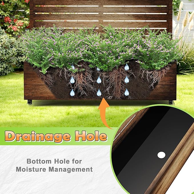 Metal Raised Garden Bed with Trellis, 2-in-1 Planter Box & Privacy Screen for Climbing Plants, Outdoor Standing Flower Bed with Drainage Holes, 47.2" L x 16.7" W x 70.8" H, Vintage Wood Grain