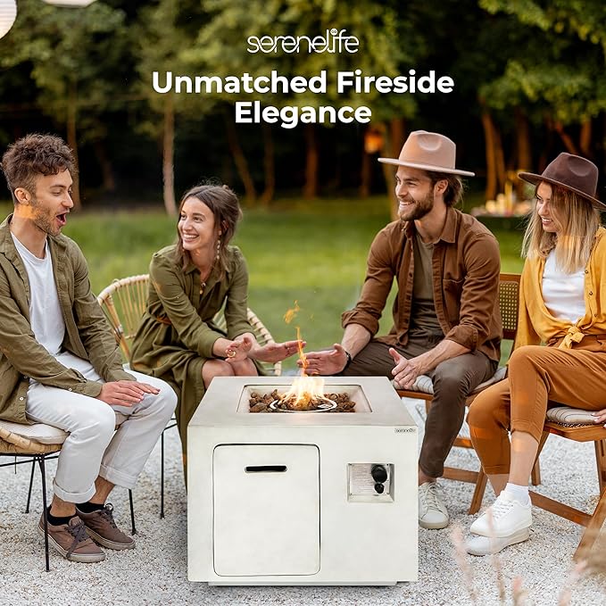 SereneLife 40,000 BTU Propane Fire Pit Table, Square Outdoor Propane Fire Pit with Stainless Steel Burner, Adjustable Flame, Weather-Resistant Design, ETL Certified with Cover, 30 x 30 x 23.6 Inches