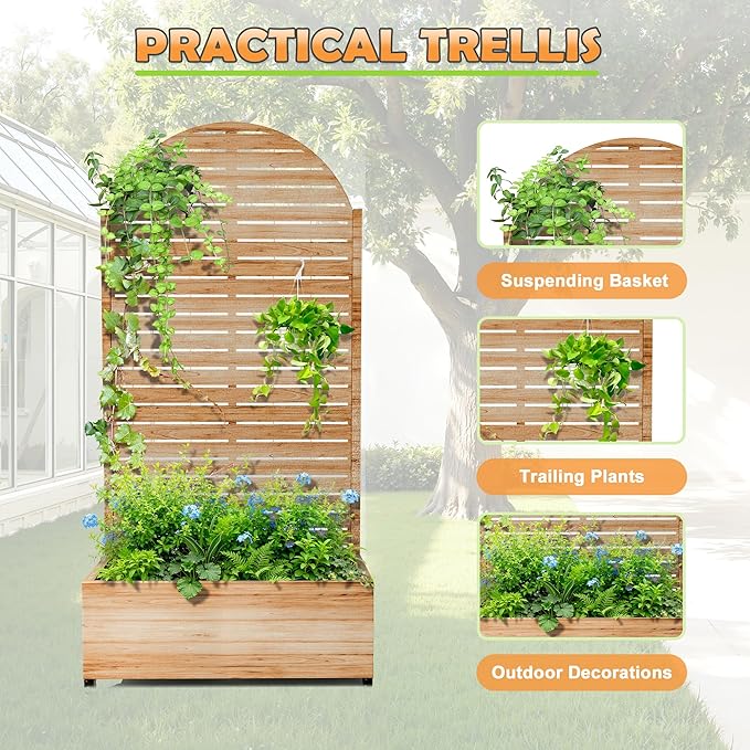 Metal Raised Garden Bed with Trellis, 2-in-1 Planter Box & Privacy Screen for Climbing Plants, Outdoor Standing Flower Bed with Drainage Holes, 35.4" L x 15.7" W x 70.1" H, Acacia Wood Grain-Louvered