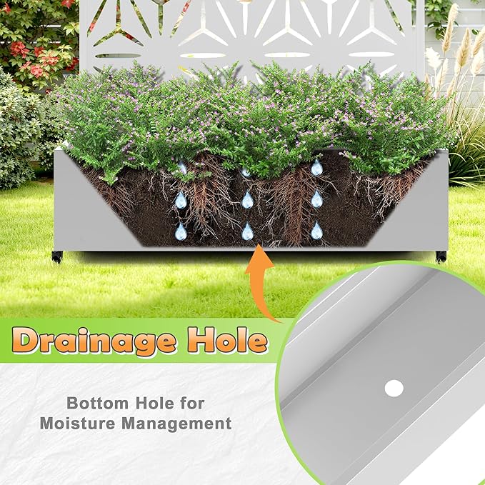 Metal Raised Garden Bed with Trellis, 2 in 1 Trellis with Planter Box & Privacy Screen for Climbing Plants, Vine, Outdoor Standing Flower Beds with Drainage Holes,47.2"L x 16.7"W x 70.8"H,(White-Star)