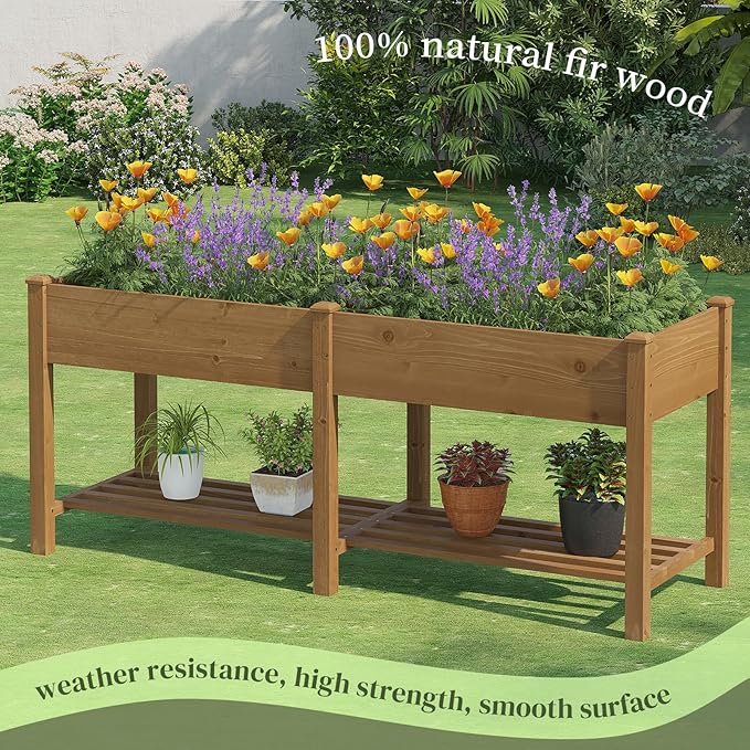 Wooden Raised Garden Bed, Planter Box with Legs, Garden Planter with Divider Bag for Backyard, Patio, Balcony, Planter Stand Box for Herbs and Vegetables (Brown-L)