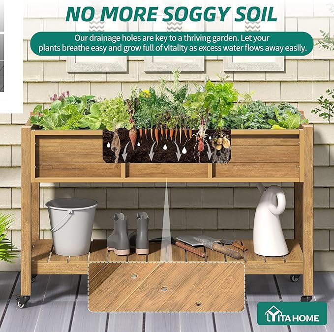 YITAHOME Raised Garden Bed, 47x18x31 Inch HIPS Poly-Wood Weather-Resistant Elevated Planter Box with Legs for Vegetable Flower, Brown