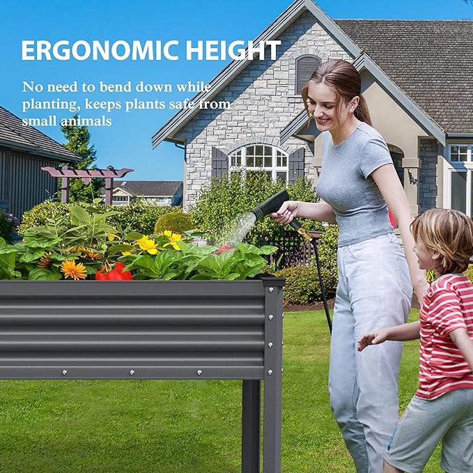 BlueWish 48" W x 24" D x 32" H Raised Garden Bed, Galvanized Garden Bed with Detachable Black Liner, Drainage Gaps, Raised Garden Beds Outdoor 507 lbs Capacity, Gardening, Vegetable, Flower, Grey