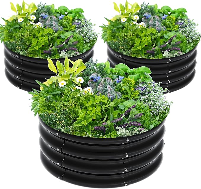 3Pcs 2X2X1ft Round Raised Garden Bed Kit,Galvanized Raised Garden Beds Outdoor, Metal Planter Box Steel Kit Flower Herb,Vegetables..Black