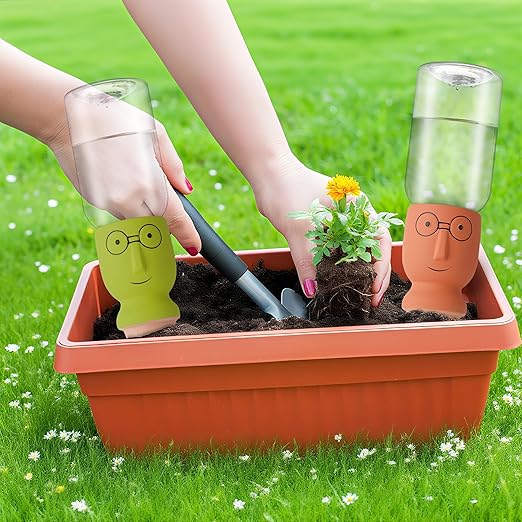 4 Pack Terracotta Watering Spikes, Self-Watering Plant Stakes for Indoor & Outdoor Potted Plants with 12 oz Plastic Bottles for Ideal Auto Watering Devices for Plants During Vacation