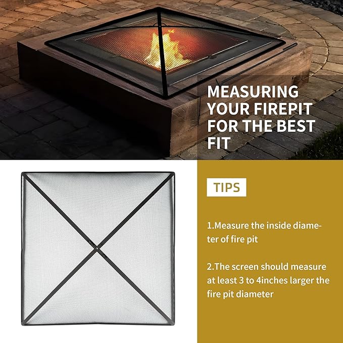 WeCooper 32Inch Heavy Duty Fire Pit Spark Screen Cover, Steel Mesh Square Firepit Screen, Fire Pit Ember Guard with FirePit Poker
