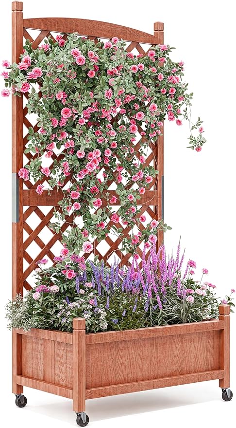 29.5"x26"x61.5" Large Wooden Raised Garden Bed with Trellis & Adjustable Wheels - Planter Box with Drainage Holes for Herbs, Flowers - Portable Indoor/Outdoor Use, 1 PC