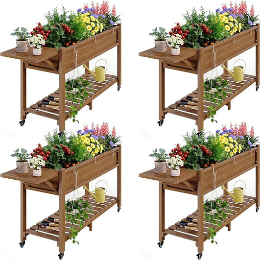 YEFU Raised Garden Bed with Legs: 57x18x30in Elevated Poly Planter with Wheels,Waterproof Mobile Raised Bed Garden, Elevated Planter Box Stand with Storage Shelf,for Herb,Carrot,Tomato (Teak,4pcs)