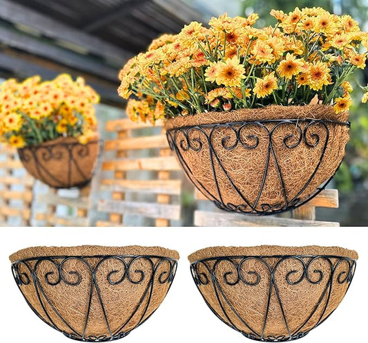 LaLaGreen Outdoor Wall Planters (2 Pack, 14 Inch) Black Metal Wall Mounted Hanging Basket with Coco Liner, Semi-Circle Flower Pot Plant Holder for Fence Railing Deck Porch Balcony French Garden Decor