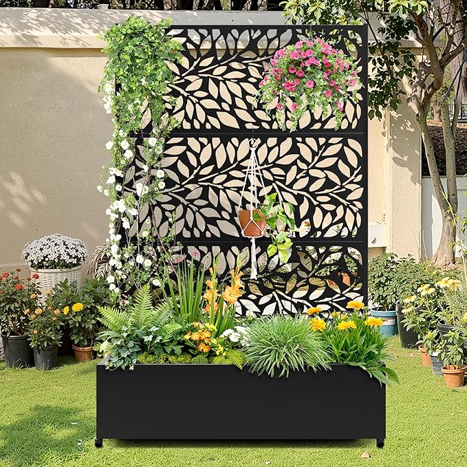 Metal Raised Garden Bed with Trellis, 2 in 1 Trellis with Planter Box & Privacy Screen for Climbing Plants, Vine, Outdoor Standing Flower Beds with Drainage Holes,47.2" L x 16.7" W x 70.8" H,(Black)