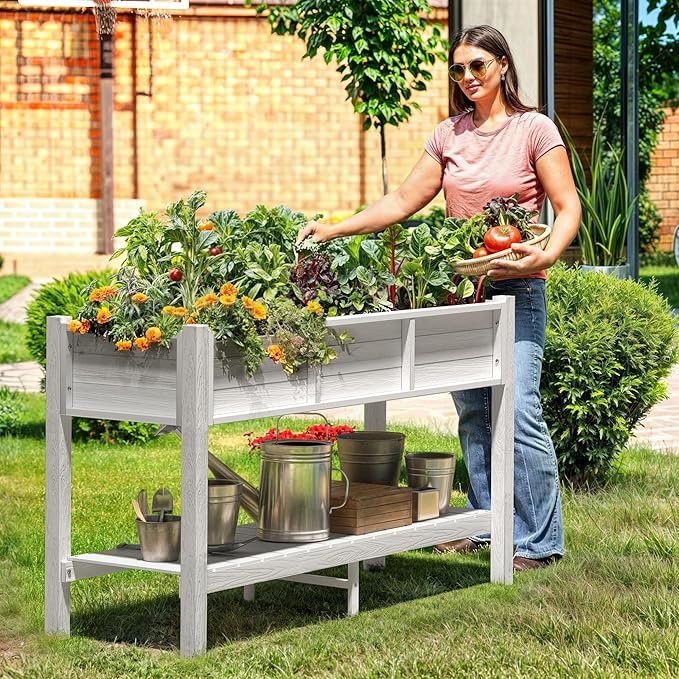 DWVO 48x18x30in Raised Garden Bed, Poly Wood Planter Box Stand,Weather Resistant Planter Box with Legs & Storage Shelf, Elevated Garden Bed for Backyard, Patio, Balcony,White