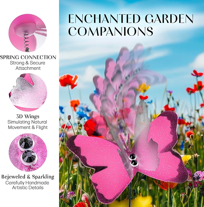 Handmade Lilac Pink Butterfly Garden Stakes - Set of 7 Premium 3D Hand-Painted Butterflies with Fluttering Spring Movement, Weatherproof Metal Rod, Outdoor Indoor Decor, Ideal Gift