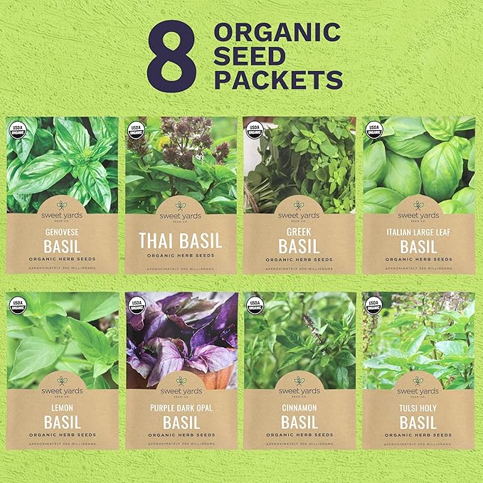 Organic Basil Seeds Variety Pack - 8 Individual Packs - 2026 Season - Genovese, Thai, Lemon, Greek, Cinnamon and More! for Indoor & Outdoor Planting (Non-GMO, Certified Organic)