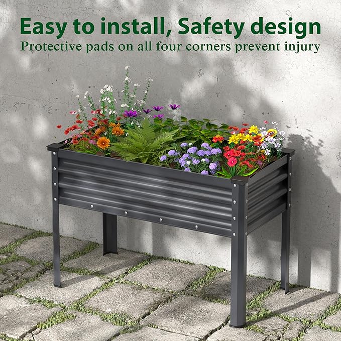 BlueWish 48" W x 24" D x 32" H Raised Garden Bed, Galvanized Garden Bed with Detachable Black Liner, Drainage Gaps, Raised Garden Beds Outdoor 507 lbs Capacity, Gardening, Vegetable, Flower, Grey