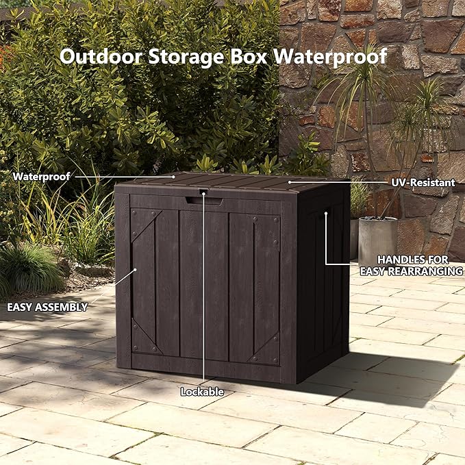 Yardgrace 31 Gallon Resin Deck Box Waterproof Outdoor Storage Box for Patio Furniture Pool Accessories Indoor Storage for Cushion Garden Tools, Brown