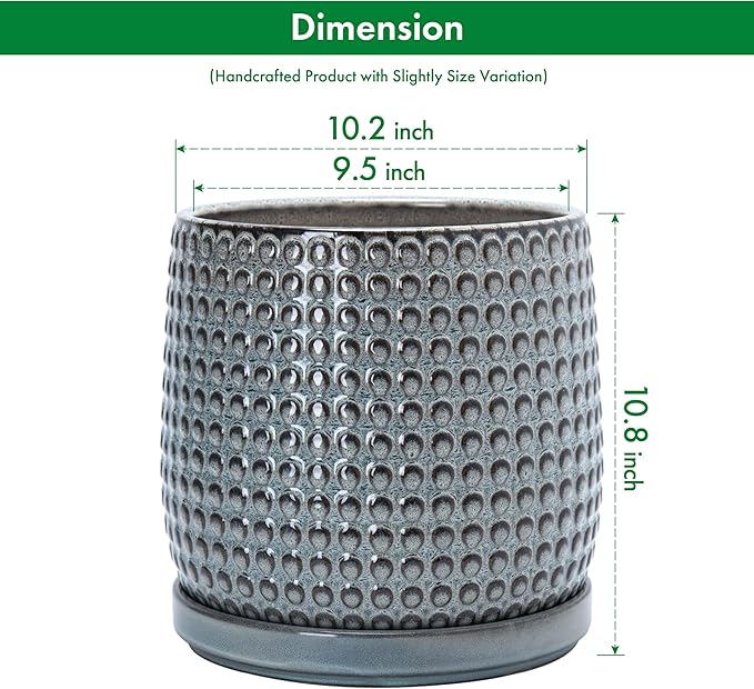 D'vine Dev 10 Inch Ceramic Beaded Stoneware Planter Pot - Flower Pot with Drainage Holes and Saucers for Indoor Succulent Plants or Flowers, Graphite Blue, 27-C-P-9