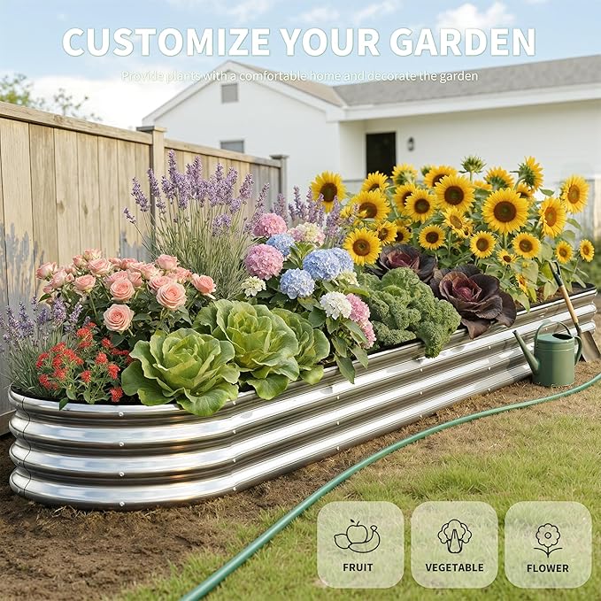 Galvanized Metal Raised Garden Bed Kit for Outdoor Planter Boxes with Easy Assembly,4x2x1ft-2PCS Oval Large Galvanized Gardening Raised Bed for Vegetables, Fruits, Flower (Silver, 12*2*1ft)