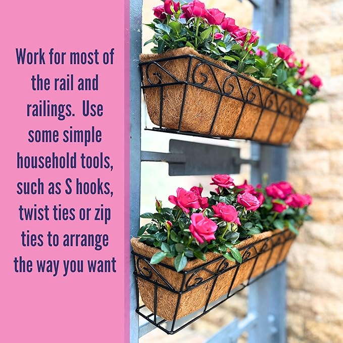 LaLaGreen Large Window Flower Boxes - 2 Pack, 24 Inch Balcony Planter, Deck Railing Planters with Coco Liners Outdoor Wall Pot Plant Holder, Black Metal Horse Trough Fence Patio Porch Over Rail Decor