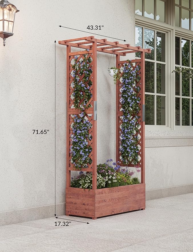 Raised Garden Bed with Trellis, Wood Planter Box with Hanging Roof & Drainage, Elevated Garden Bed for Climbing Plants, Vegetables, Flowers