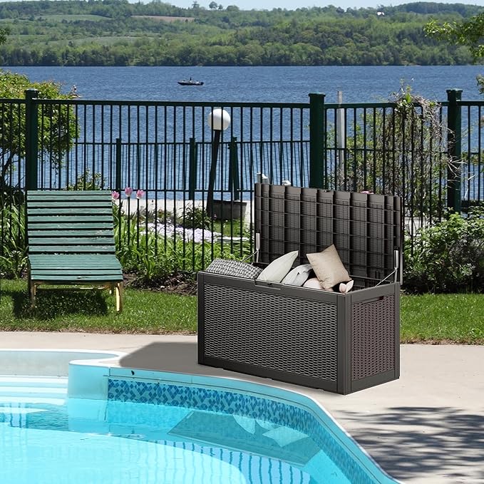 100GAL - Grey，Resin Deck Box，Patio Furniture Cushions Garden Boxes，Outdoor,backyard Storage，Shed