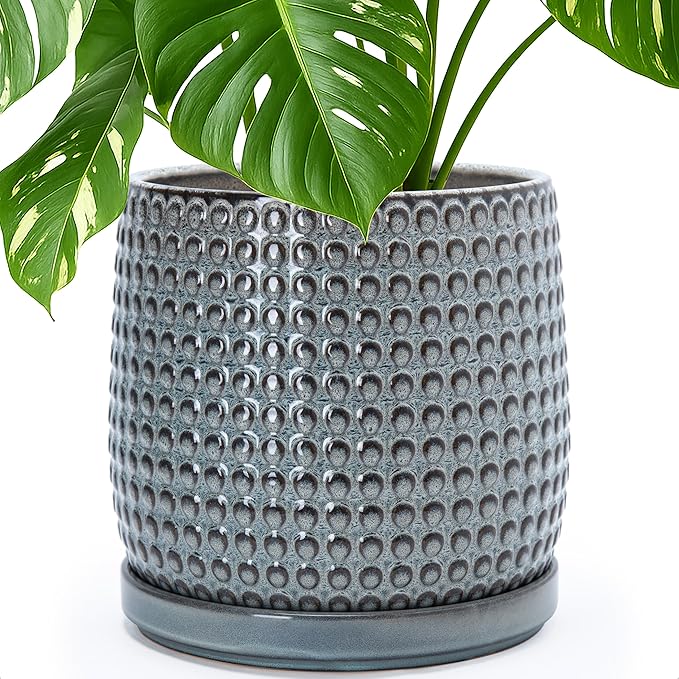 D'vine Dev 10 Inch Ceramic Beaded Stoneware Planter Pot - Flower Pot with Drainage Holes and Saucers for Indoor Succulent Plants or Flowers, Graphite Blue, 27-C-P-9