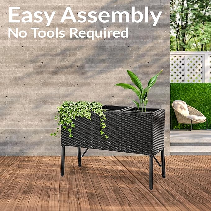 Sunnydaze 3-Section Wicker Raised Planter Box - 3 Removable Plastic Inserts - Above Ground Raised Garden Bed with Legs - 30.75" W x 11.75" D x 22" H