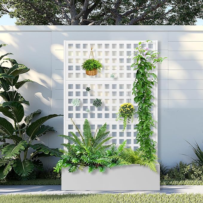 Metal Raised Garden Bed with Trellis, 2 in 1 Trellis with Planter Box & Privacy Screen for Climbing Plants, Vine, Outdoor Standing Flower Beds with Drainage Holes, 47.2" L x 16.7" W x 70.8" H, White