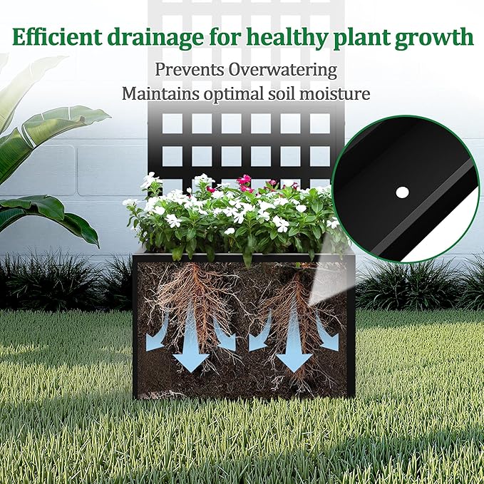 Metal Raised Garden Bed with Trellis, 2 in 1 Trellis with Planter Box & Privacy Screen for Climbing Plants, Vine, Outdoor Standing Flower Beds with Drainage Holes, 23.6" L x 11.8" W x 63" H, Black