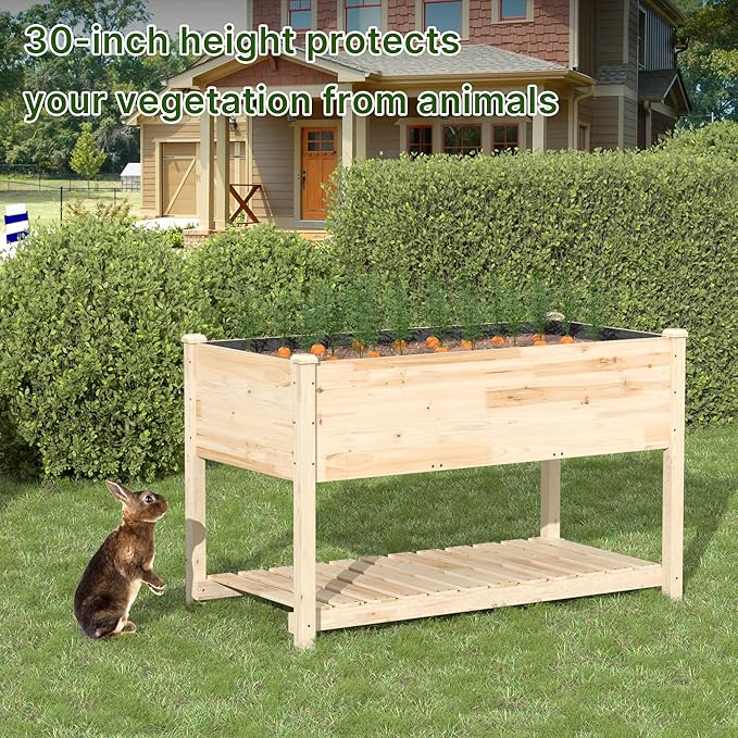 Raised Garden Bed with Legs, 47.2x23.6x30in Wooden Raised Garden Box with Bed Liners, Storage Shelf for Outdoor Garden, Patio, Elevated Wood Planter for Vegetables, Fruits, Flowers